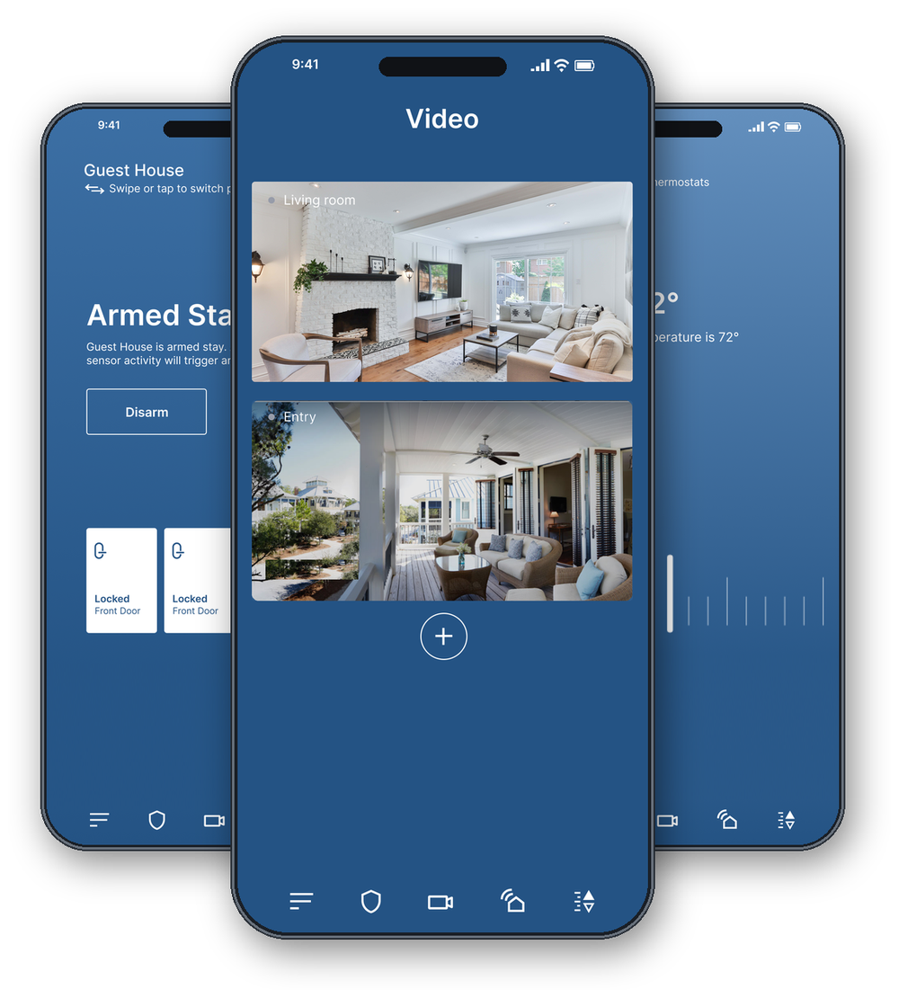 Three phones showing the Kept app: an armed system, live camera feeds, and thermostat control.