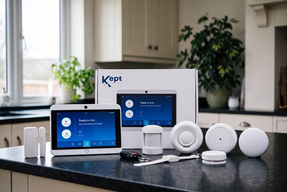 The Kept kit laid out on a dark granite kitchen counter: the touchscreen panel standing upright on its kickstand, its box behind it, and seven wireless components in front — a two-piece door sensor, a motion sensor, smoke and carbon monoxide alarms, a key fob, a glass break sensor and a flood sensor.
