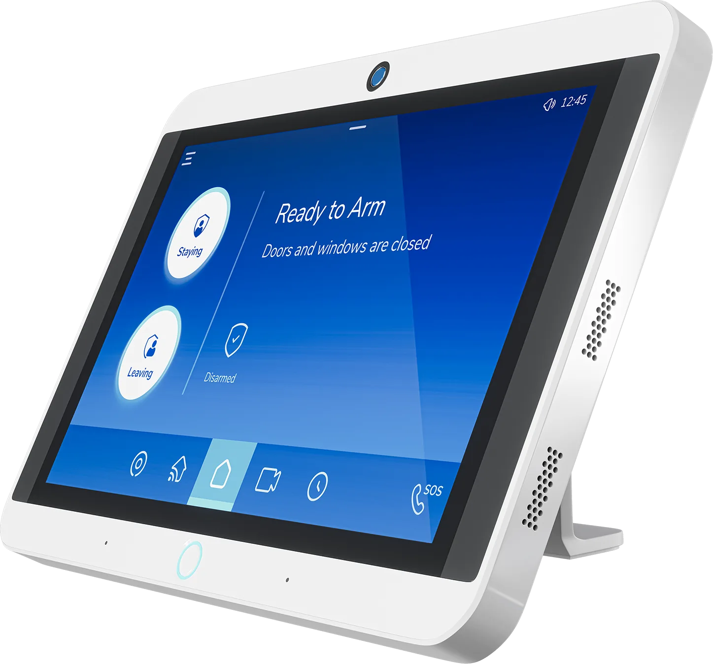 The Kept touchscreen panel on its kickstand, three-quarter view