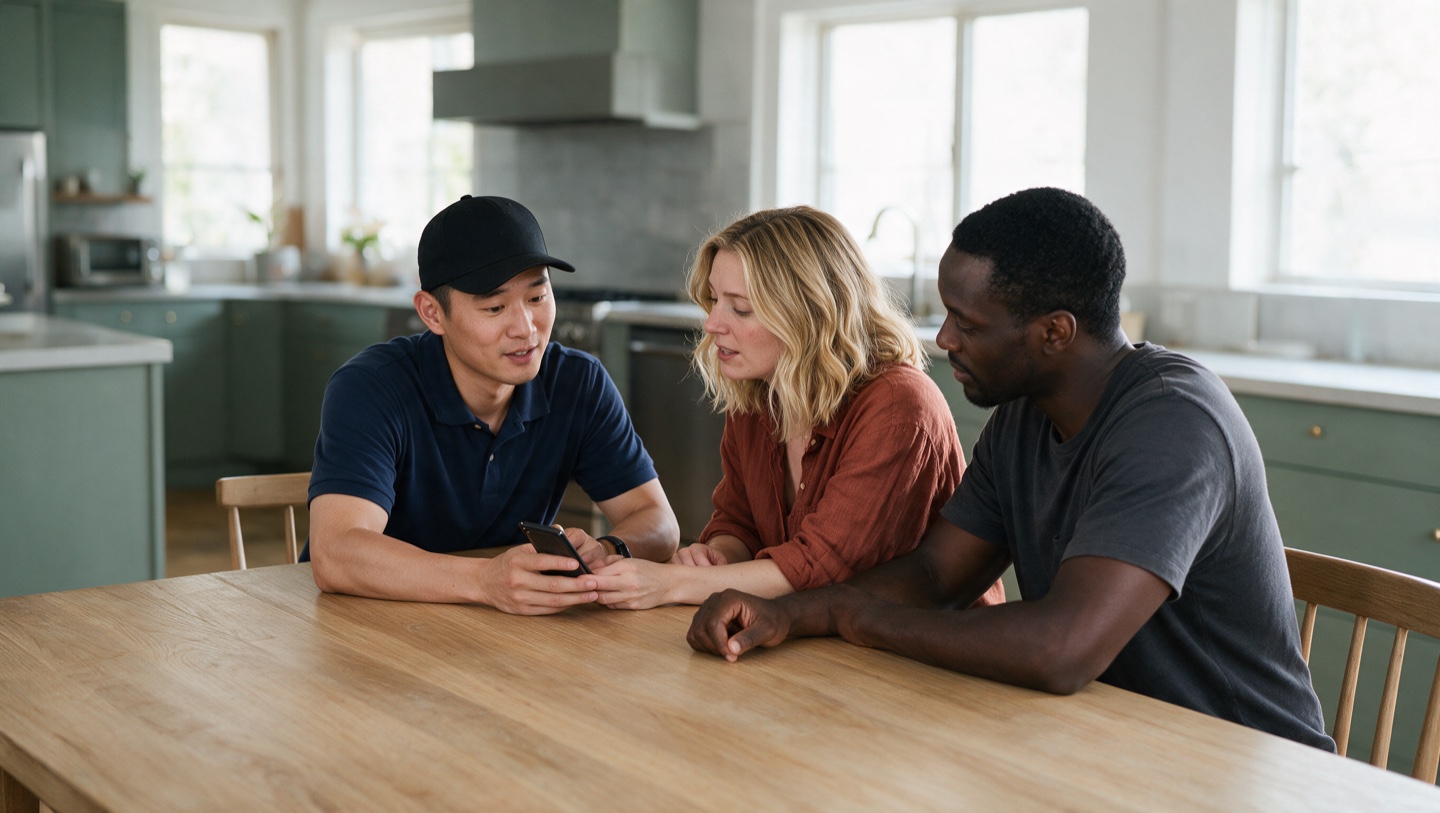 A Safe Home technician meeting with homeowners at their kitchen table.