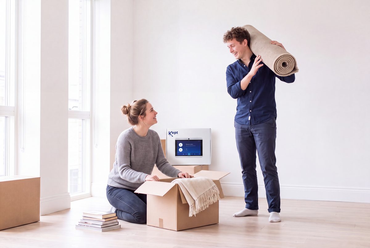 Two people moving into an empty, bright apartment — one kneeling beside an open cardboard box, the other carrying a rolled rug over one shoulder — with the Kept touchscreen panel already set up and running on a box behind them.