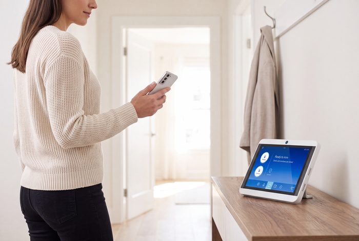 A woman standing in a bright hallway checking the Kept app on her phone, the touchscreen panel on the console table beside her showing the system ready to arm.