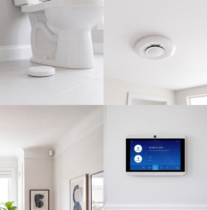 A flood sensor on a bathroom floor, a ceiling smoke detector, a motion sensor in a living room corner, and the Kept touchscreen panel on a wall.