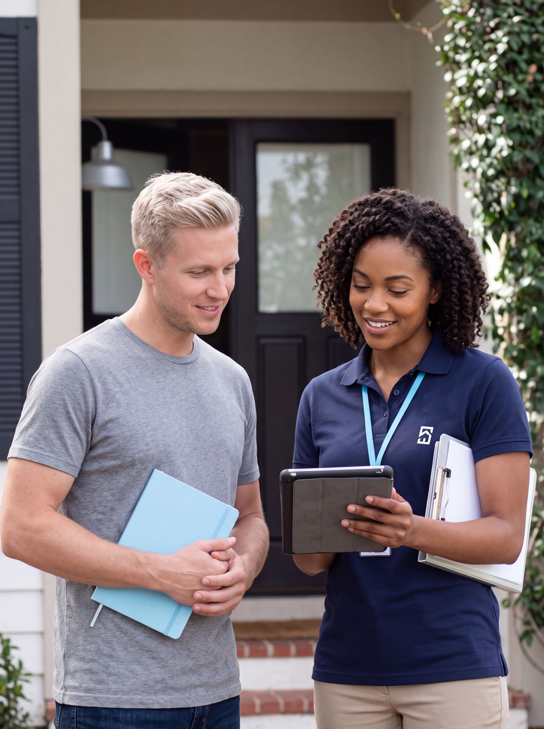 A Safe Home representative reviewing a security system with a homeowner at their front door.