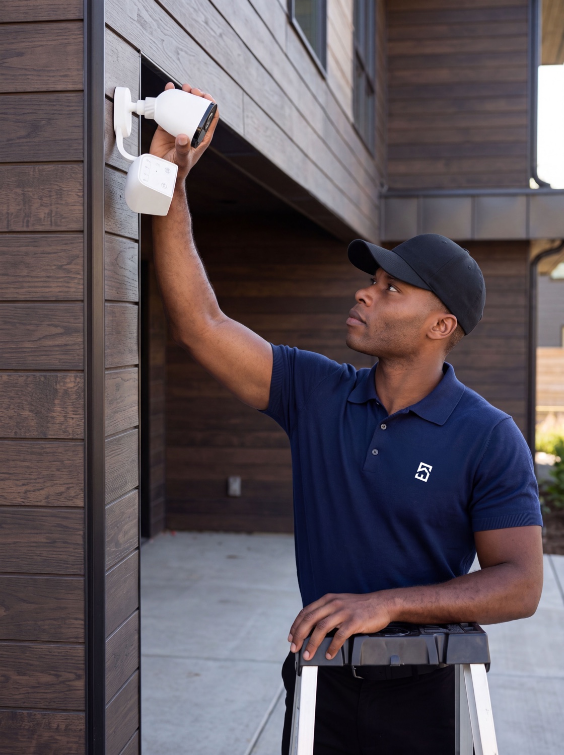A Safe Home dealer technician mounting an outdoor security camera at a customer's home.