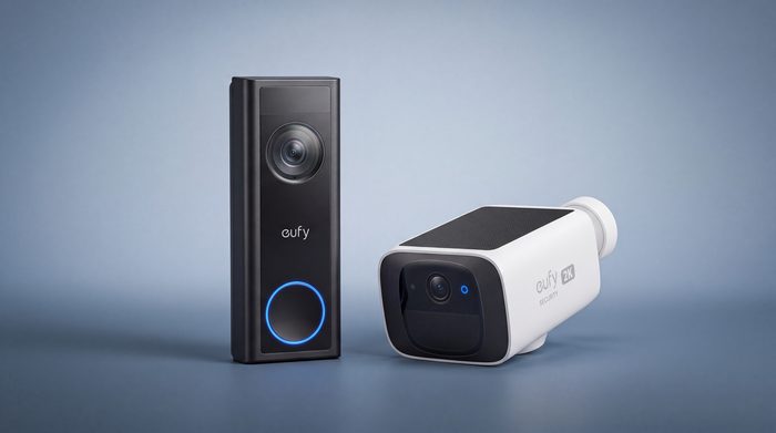 A eufy video doorbell and a eufy SoloCam, both showing the eufy wordmark.