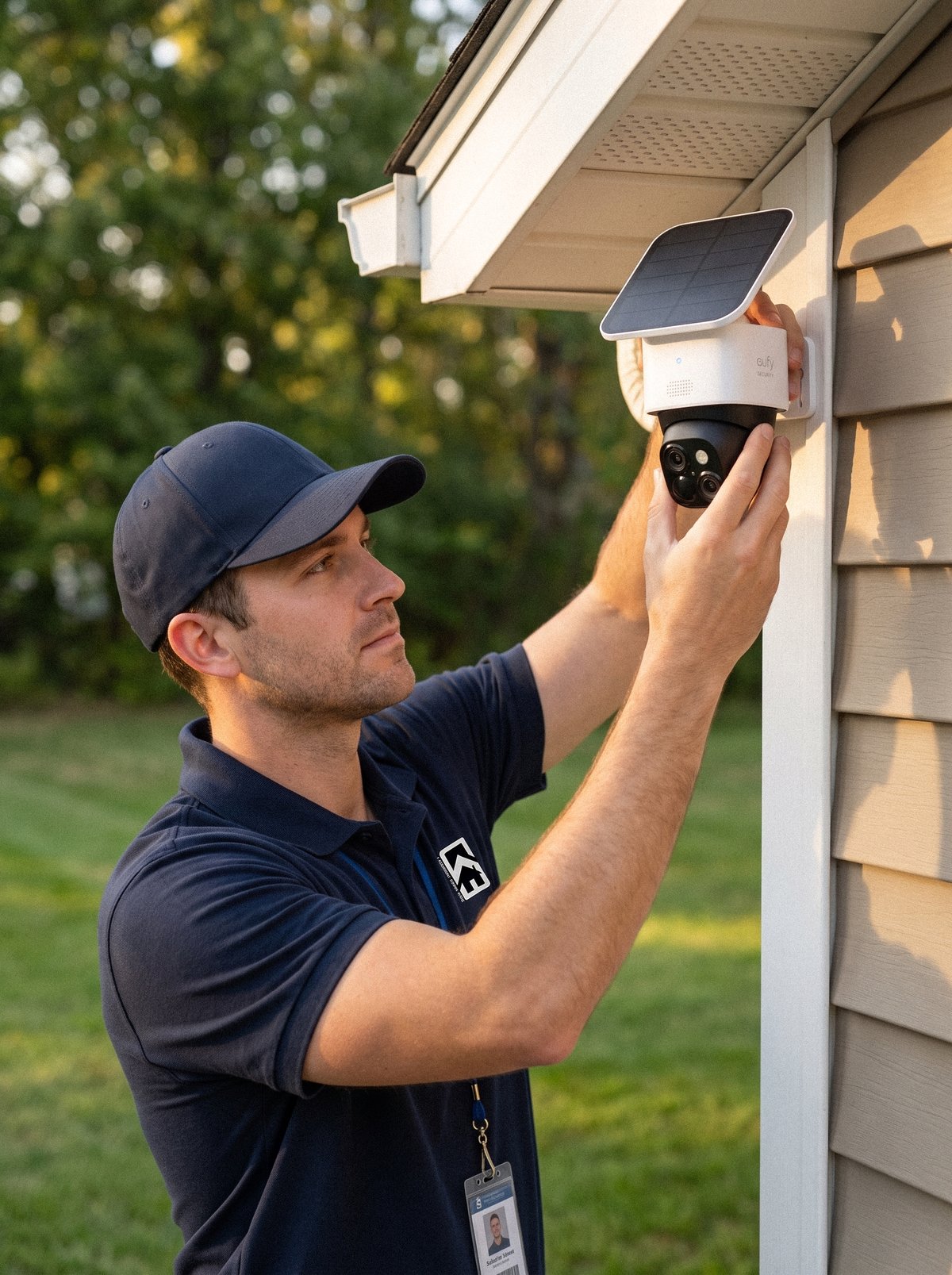Safe Home Security technician installing an outdoor security camera
