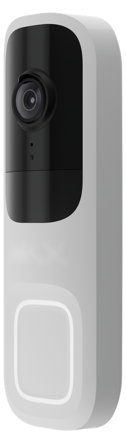 Slim white video doorbell with a black camera panel above a round call button