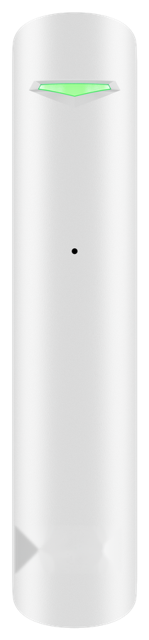 Slim white glass break detector with a green status light at the top