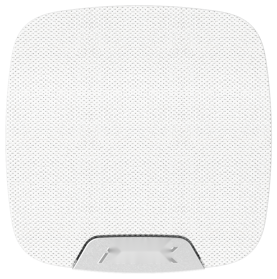 White indoor siren with a perforated speaker grille across its face