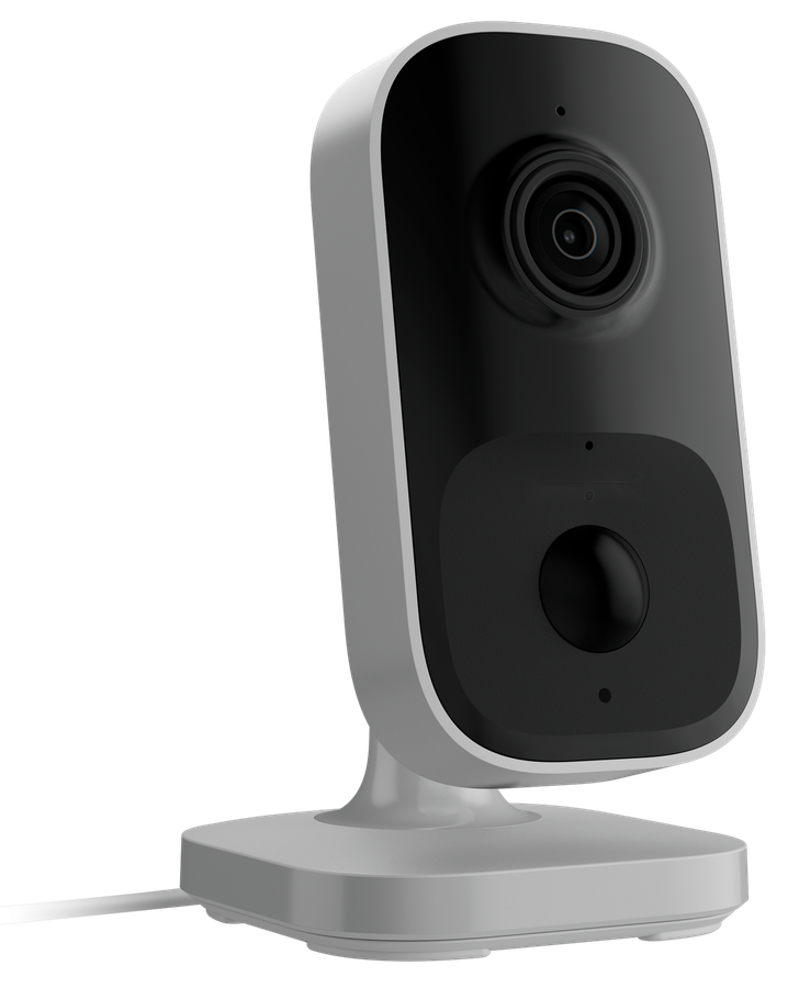 Small indoor camera with a black face and lens, on a weighted white stand