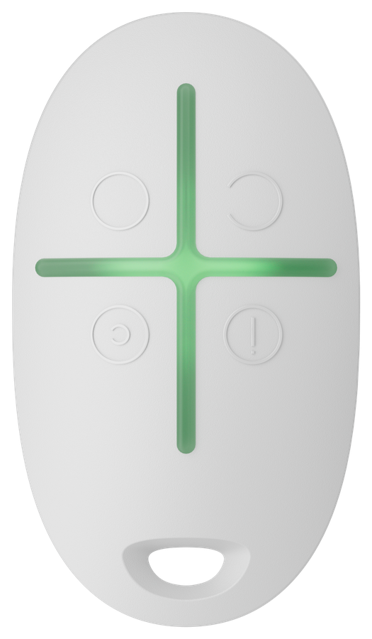 Oval white key fob with four buttons around a green lit cross and a keyring loop