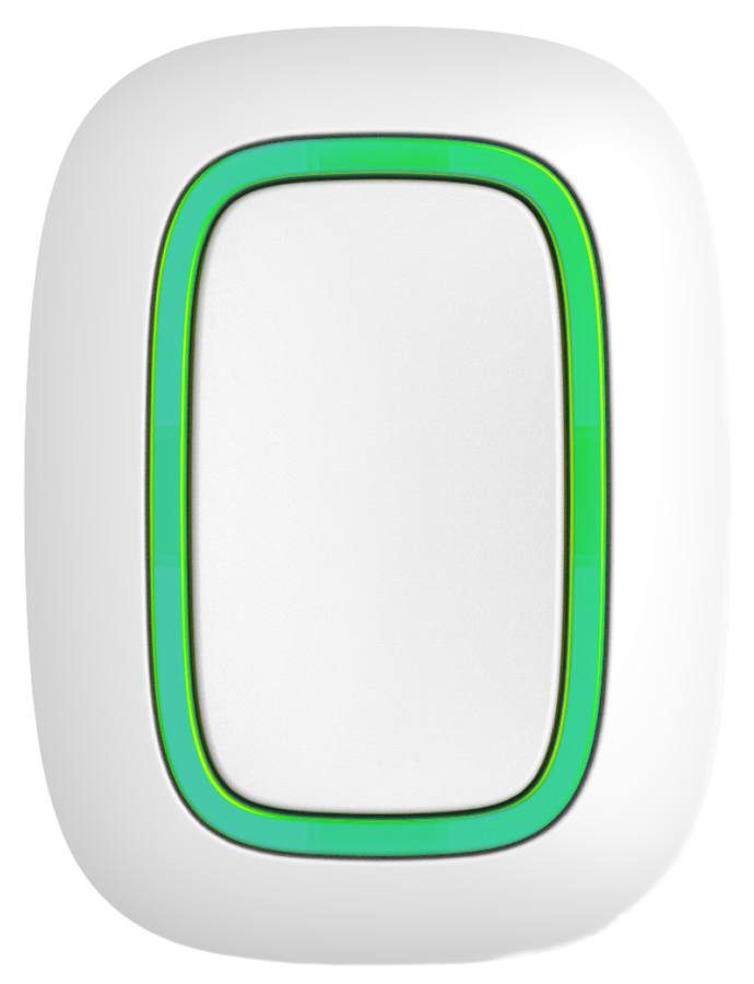 White medical alert button with a green lit ring around a large press pad