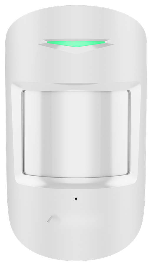White wall-mounted motion sensor with a wide lens window and a green status light
