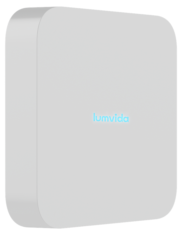 White square network video recorder with a blue lumvida wordmark on the front