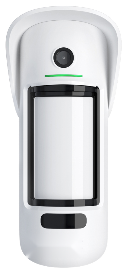 Hooded white outdoor motion sensor with a small camera above the lens window