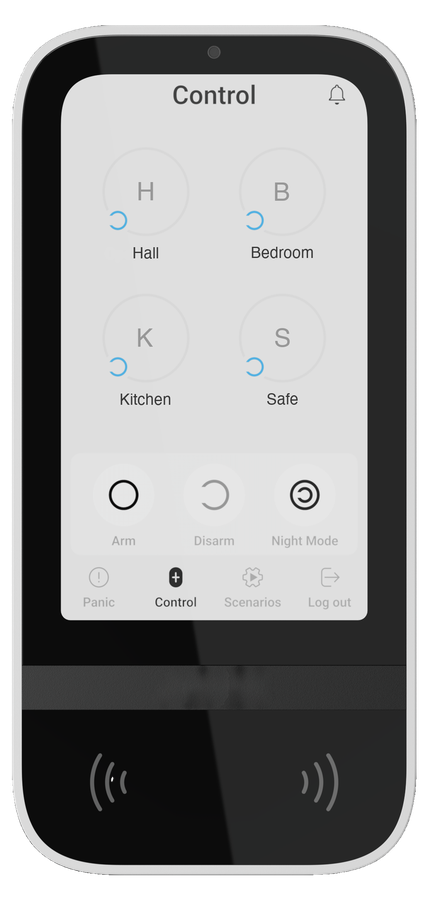Touchscreen control panel showing room tiles and Arm, Disarm and Night Mode buttons