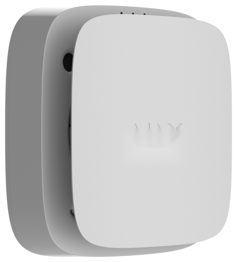 White square smoke detector seen at an angle on its mounting plate