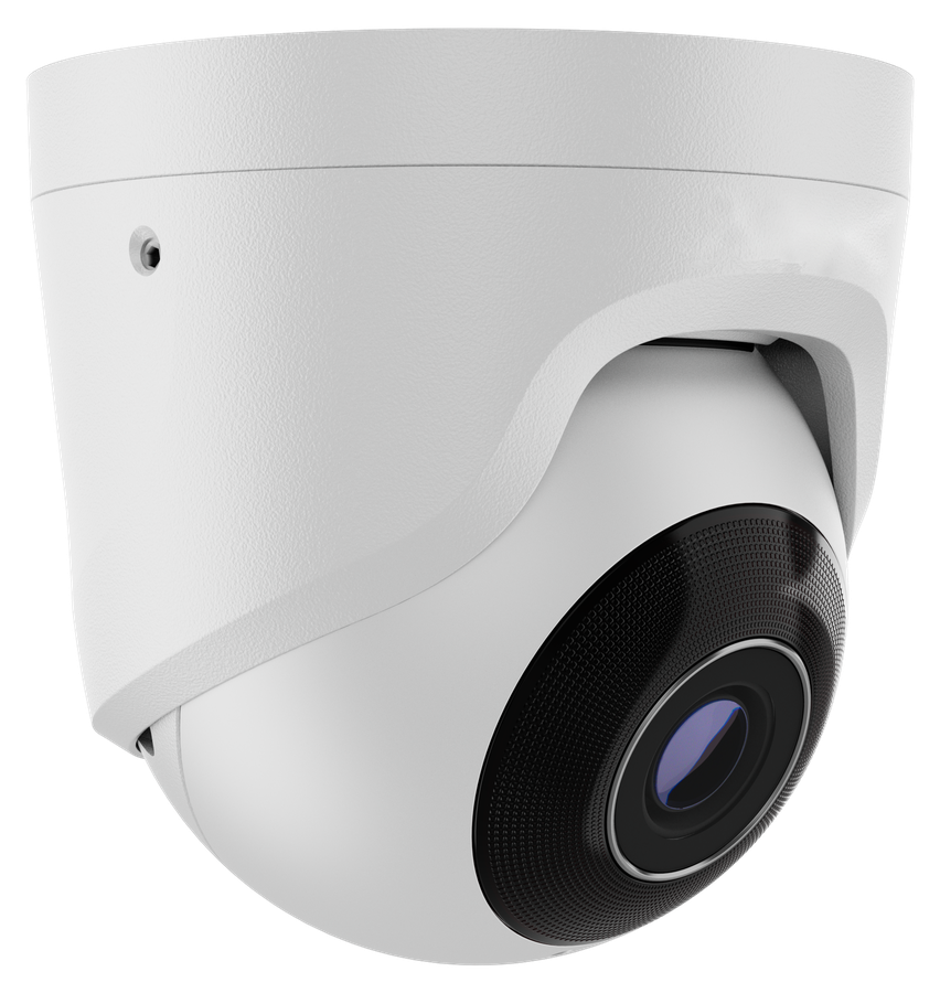 White dome turret camera angled down, with a wide dark lens ring
