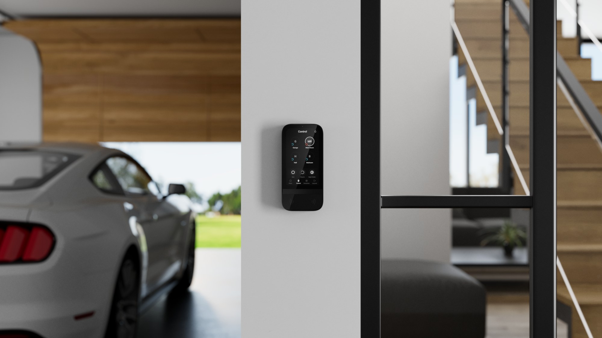 Touchscreen control panel by the garage entry of a home