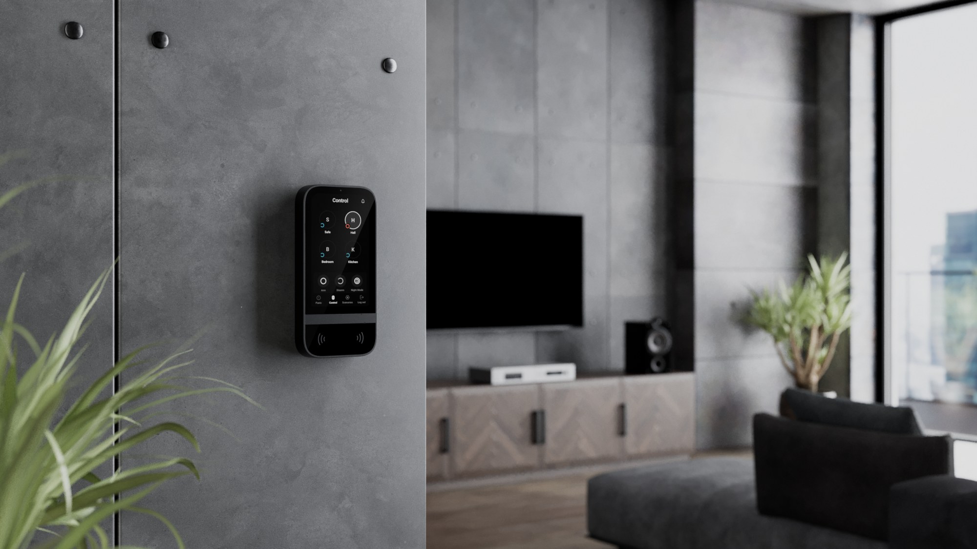 Touchscreen control panel on a concrete wall in a modern living room