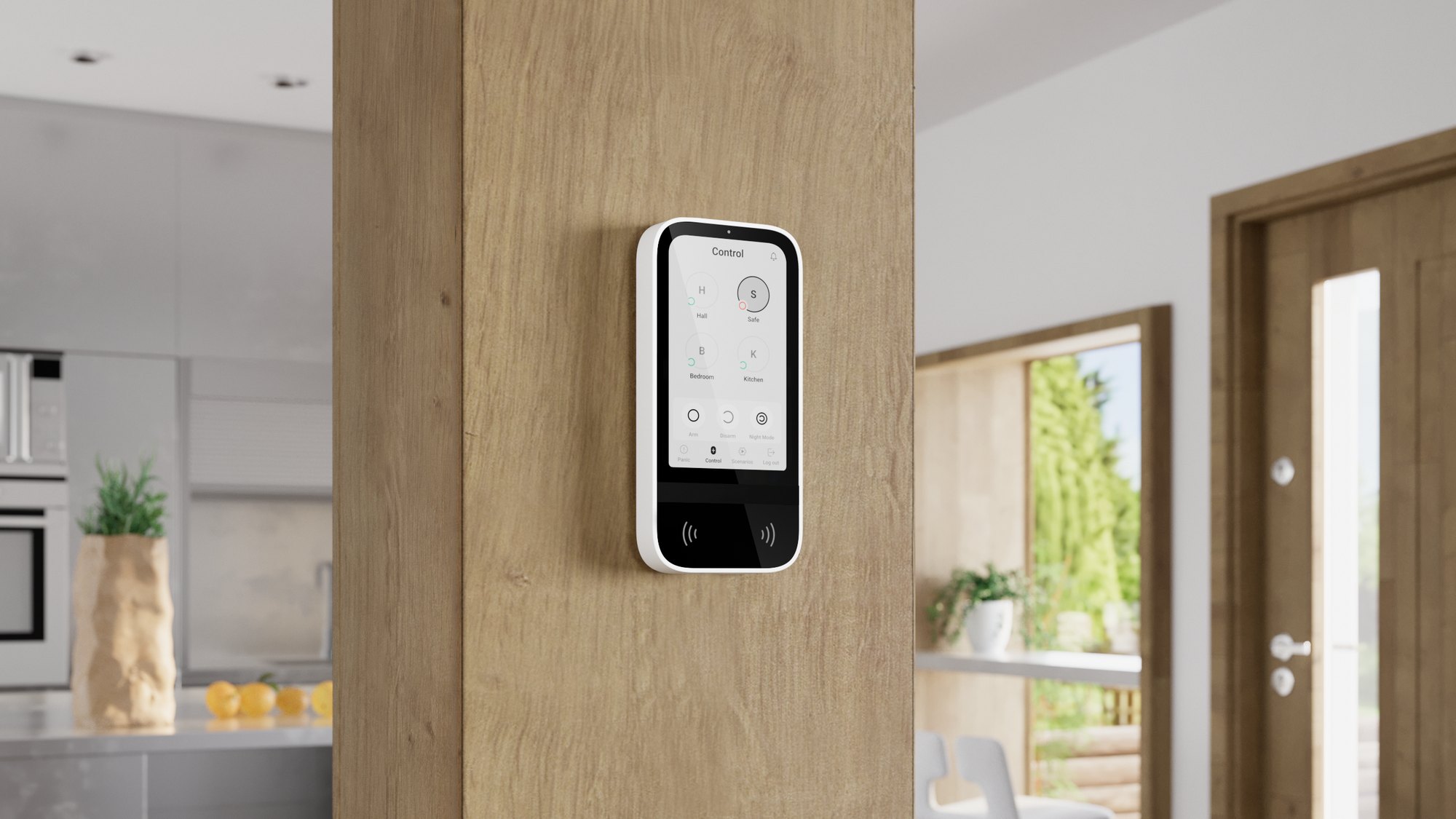Touchscreen control panel mounted on a wall in a home hallway