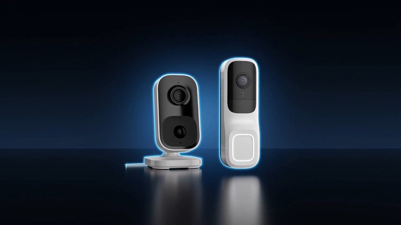 Lumvida indoor camera and video doorbell glowing blue on a dark reflective floor