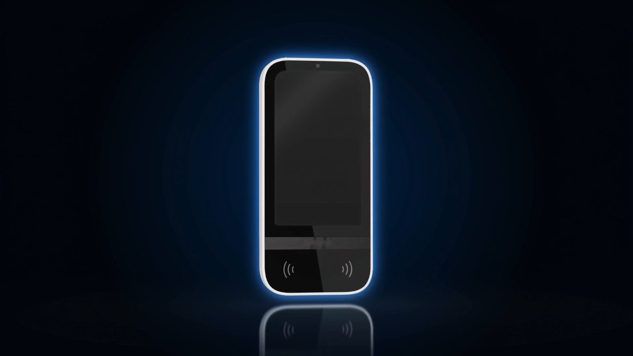 Lumvida touchscreen panel with a blue halo on a dark backdrop